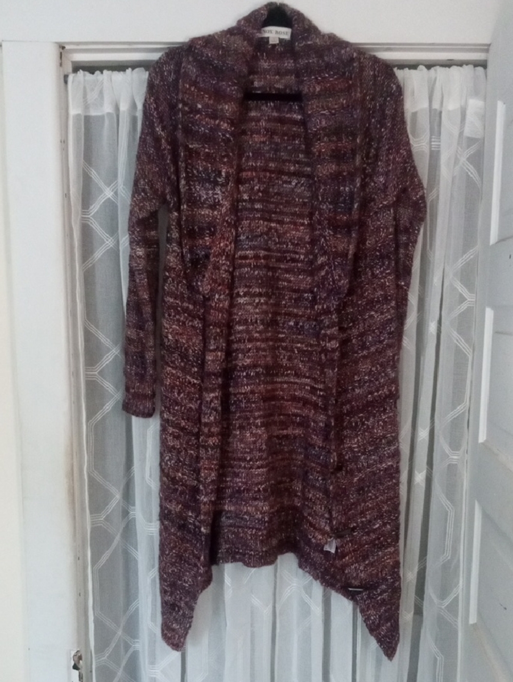 Knox Rose Marled Part Wool & Alpaca Open-Front Cardigan in Burgundy Multi Size L